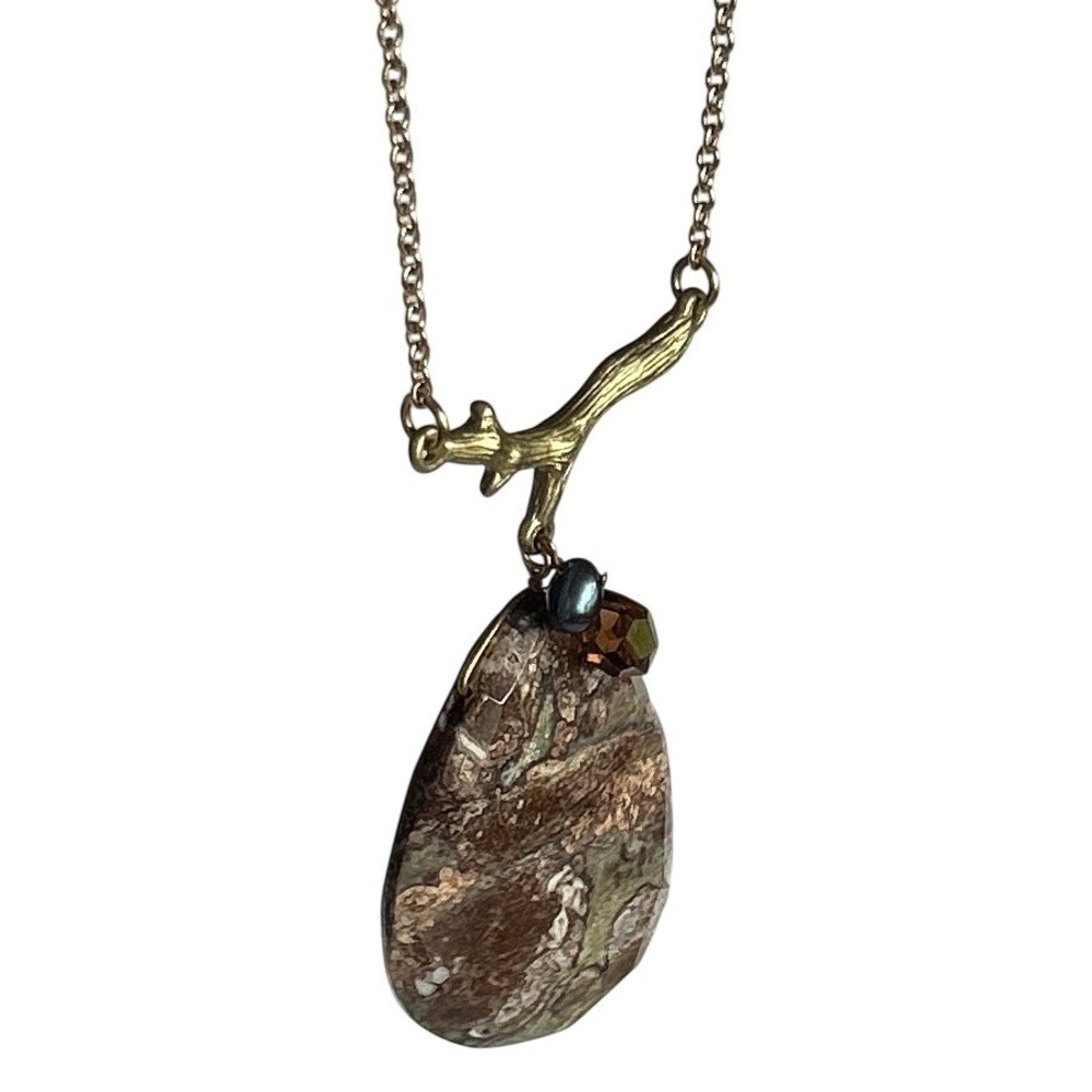 Vintage Artisan Rhyolite Jasper Pendant Gold Tone Necklace Teardrop Stone 1990's